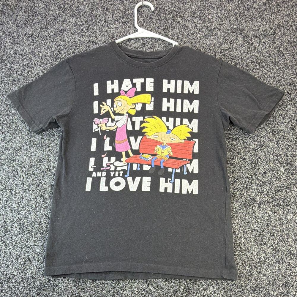 Nickelodeon Hey Arnold Black Graphic T-Shirt Size M "I Hate Him, Yet I Love Him"
